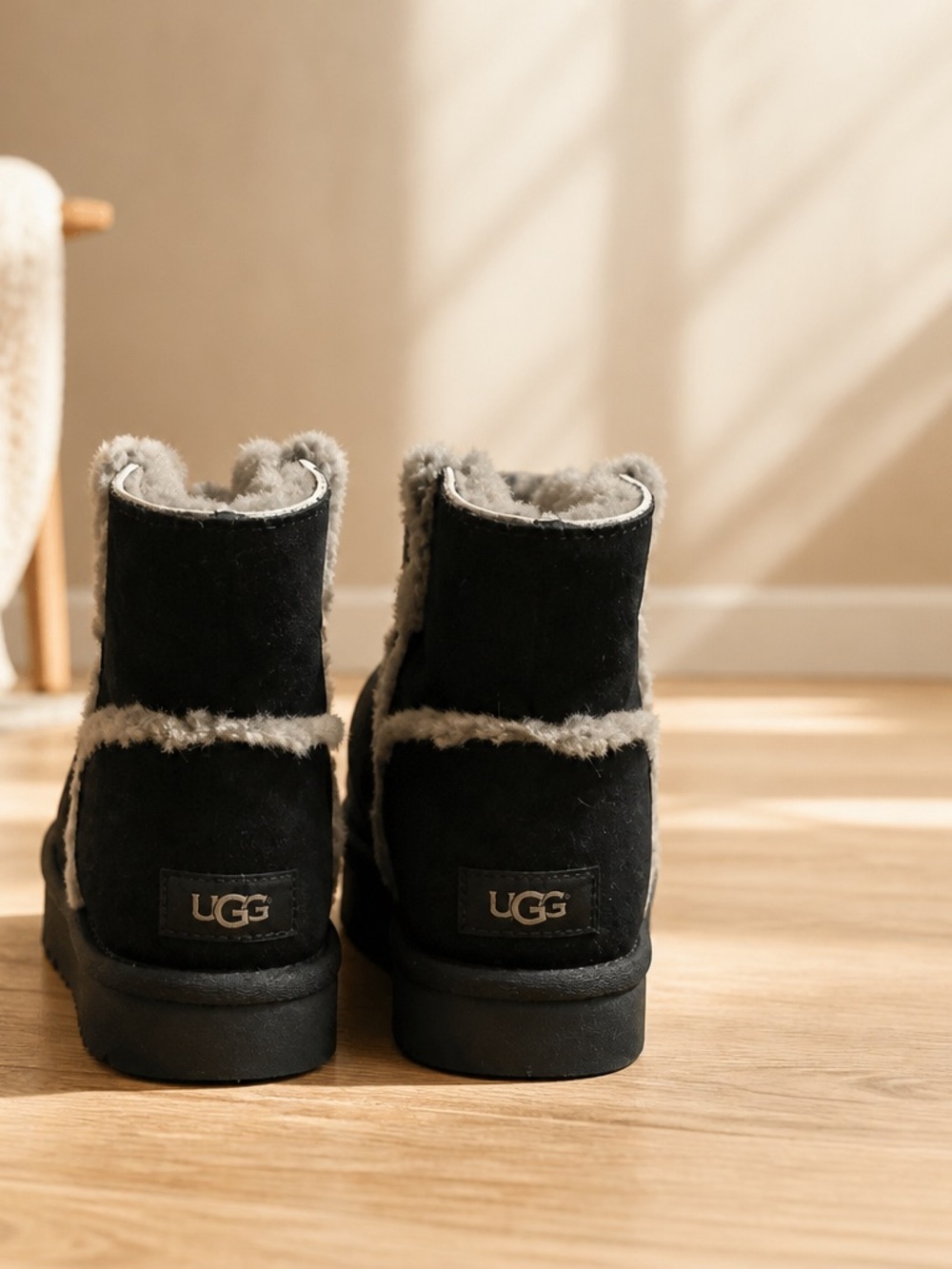 UGG Women's Black Suede Short Booties with Shearling Trim